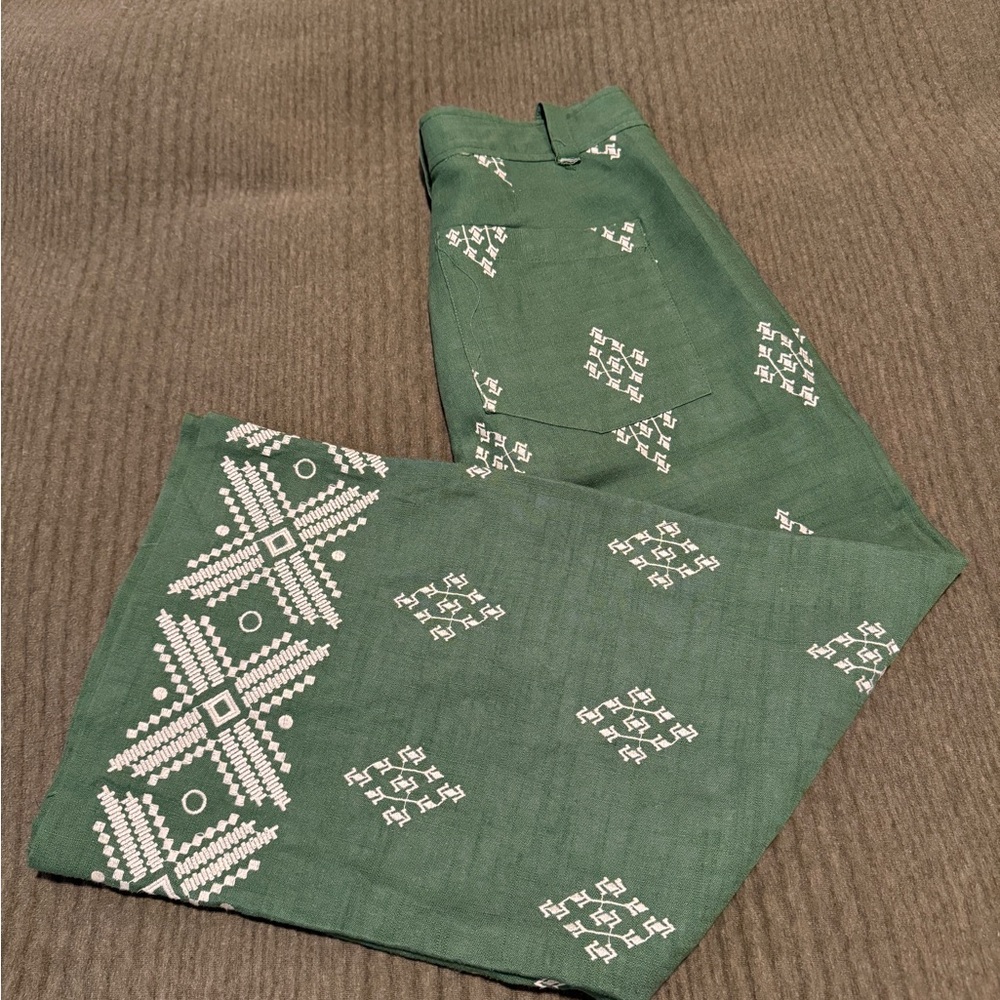 Zara Emerald Wide Leg Pants with White Patterns